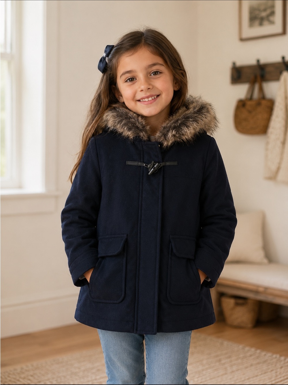 Zara Kids navy blue Pea Coat with Faux Fur Trim 13/14